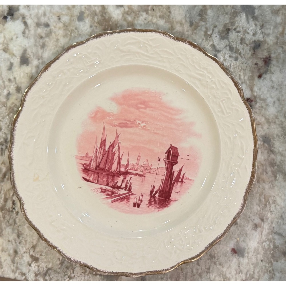 Vintage Homer Laughlin Pink Transferware Sailboat Plate Gold Trim Scalloped 9"